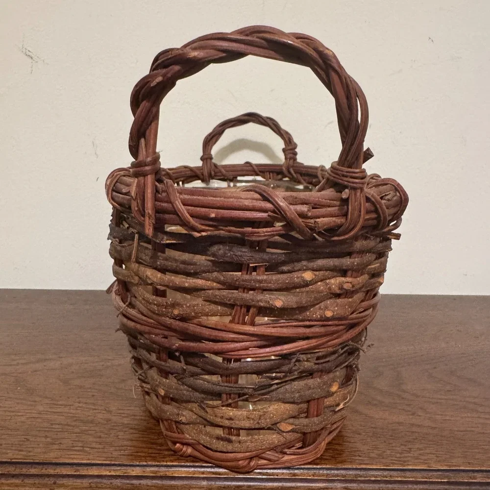 Vintage Rustic Handwoven Twig Vine Oval Basket Planter Plastic Liner Handles